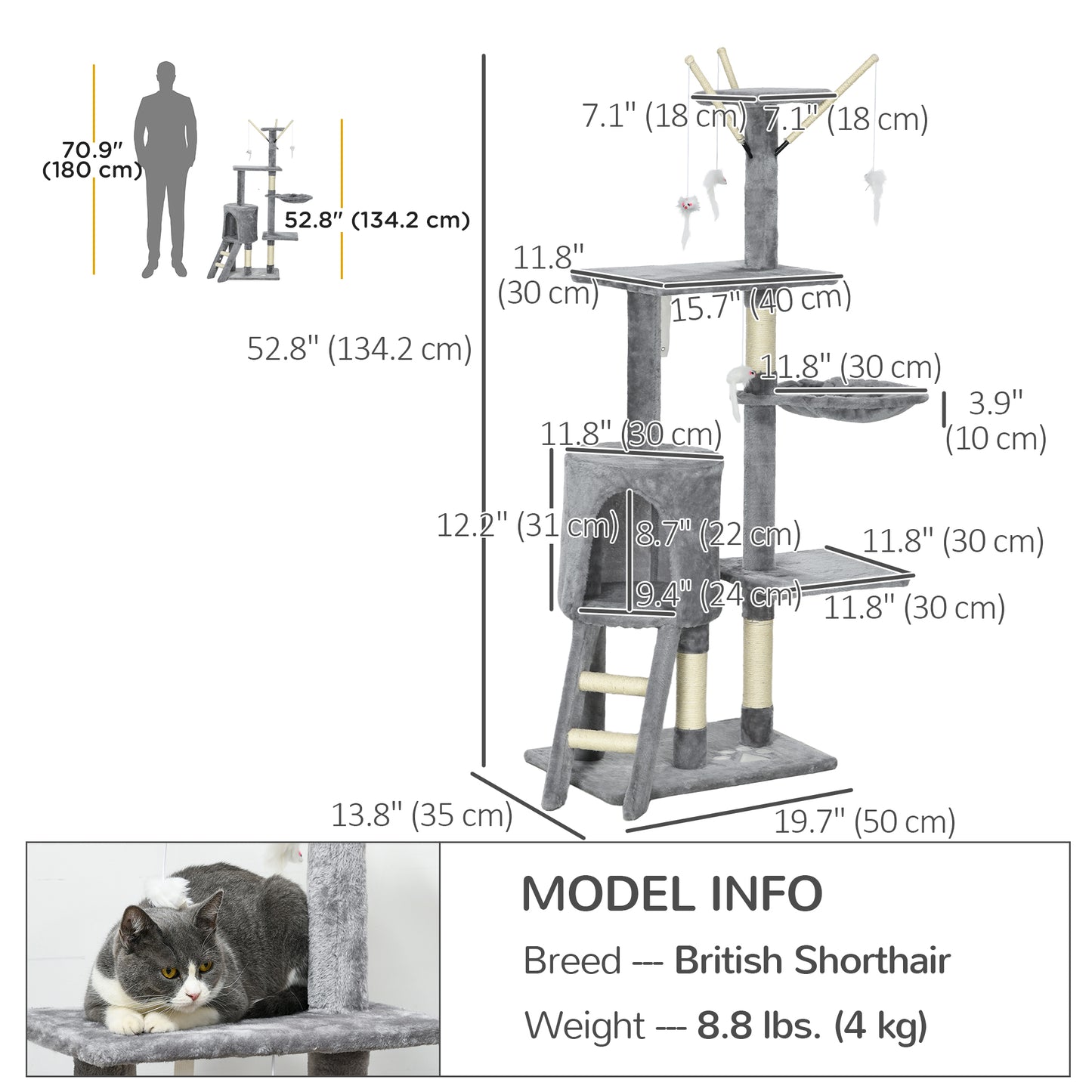 53" Cat Tree Tower, Kitten Activity Centre with Scratching Posts, Condo, Perches, Ladder, Hammock, Dangling Toys, Grey