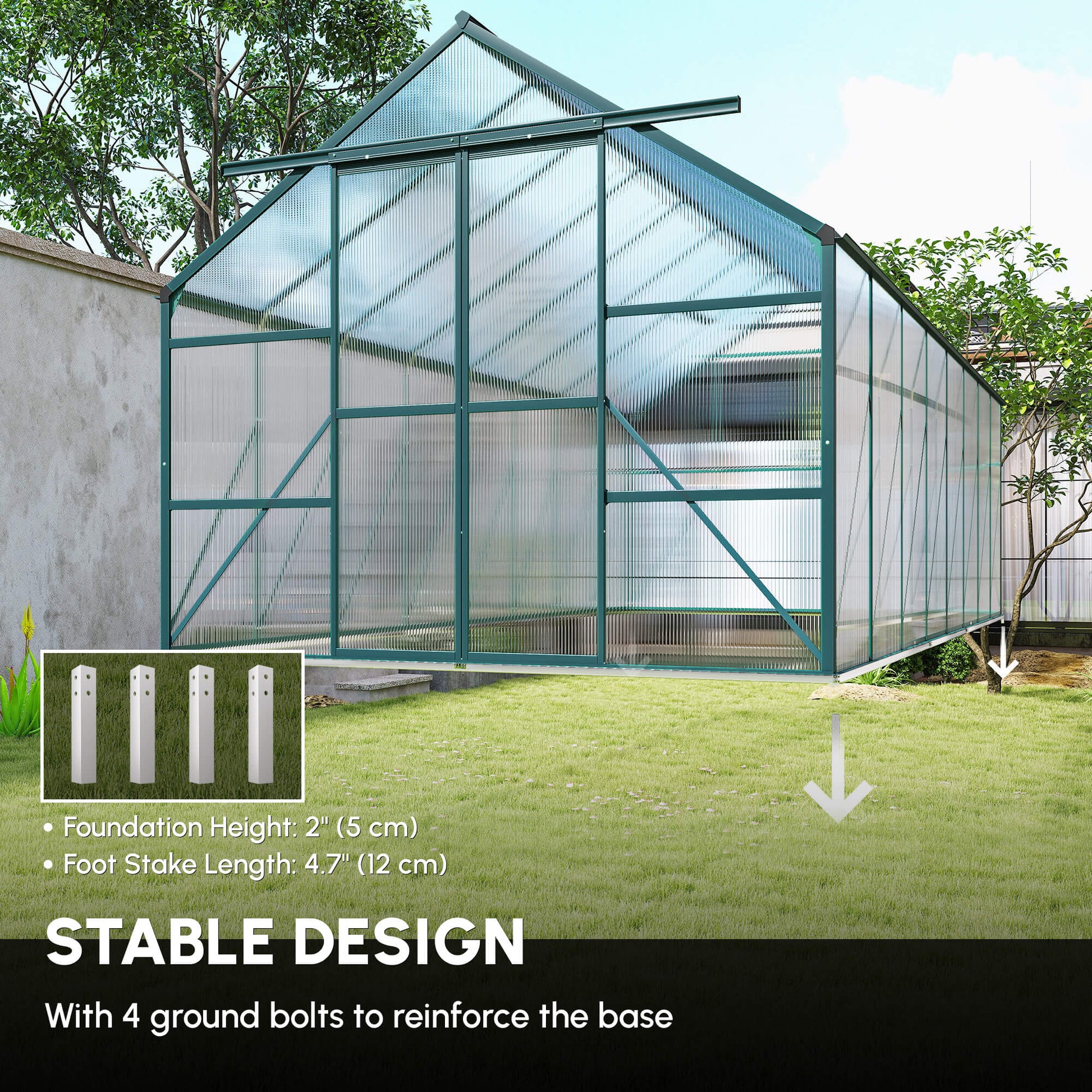 16' x 8' Aluminum Polycarbonate Greenhouse Walk-in Garden Greenhouse Kit with Adjustable Roof Vent, Rain Gutter and Slid