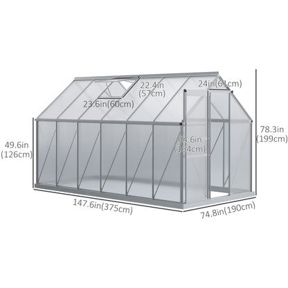 6' x 12' x 6.5' Walk-in Greenhouse, Polycarbonate Greenhouse with Adjustable Roof Vent, Base, Sliding Door, Clear