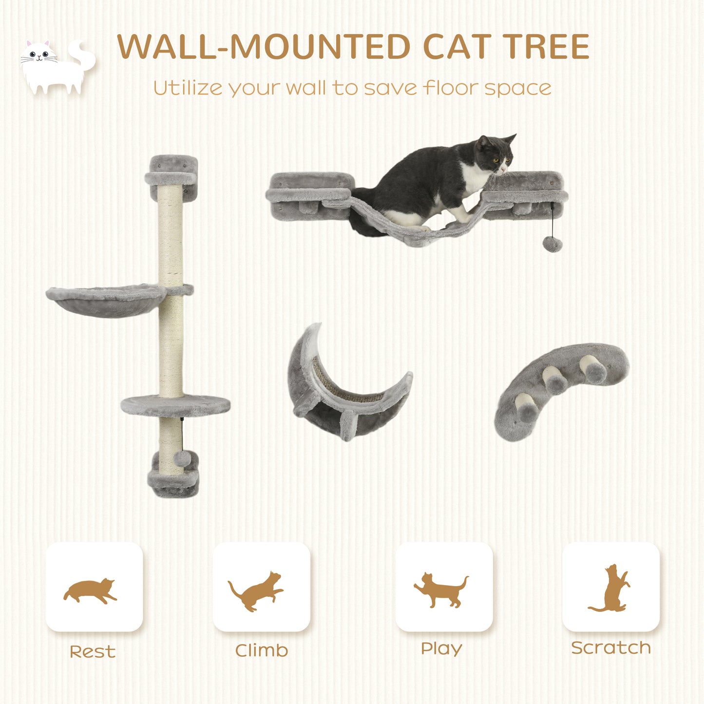 4Pcs Cat Wall Shelf with Scratching Post, Cat Wall Shelves for Relaxing, Climbing, Cat Wall With Soft Ladder, Hammock, P