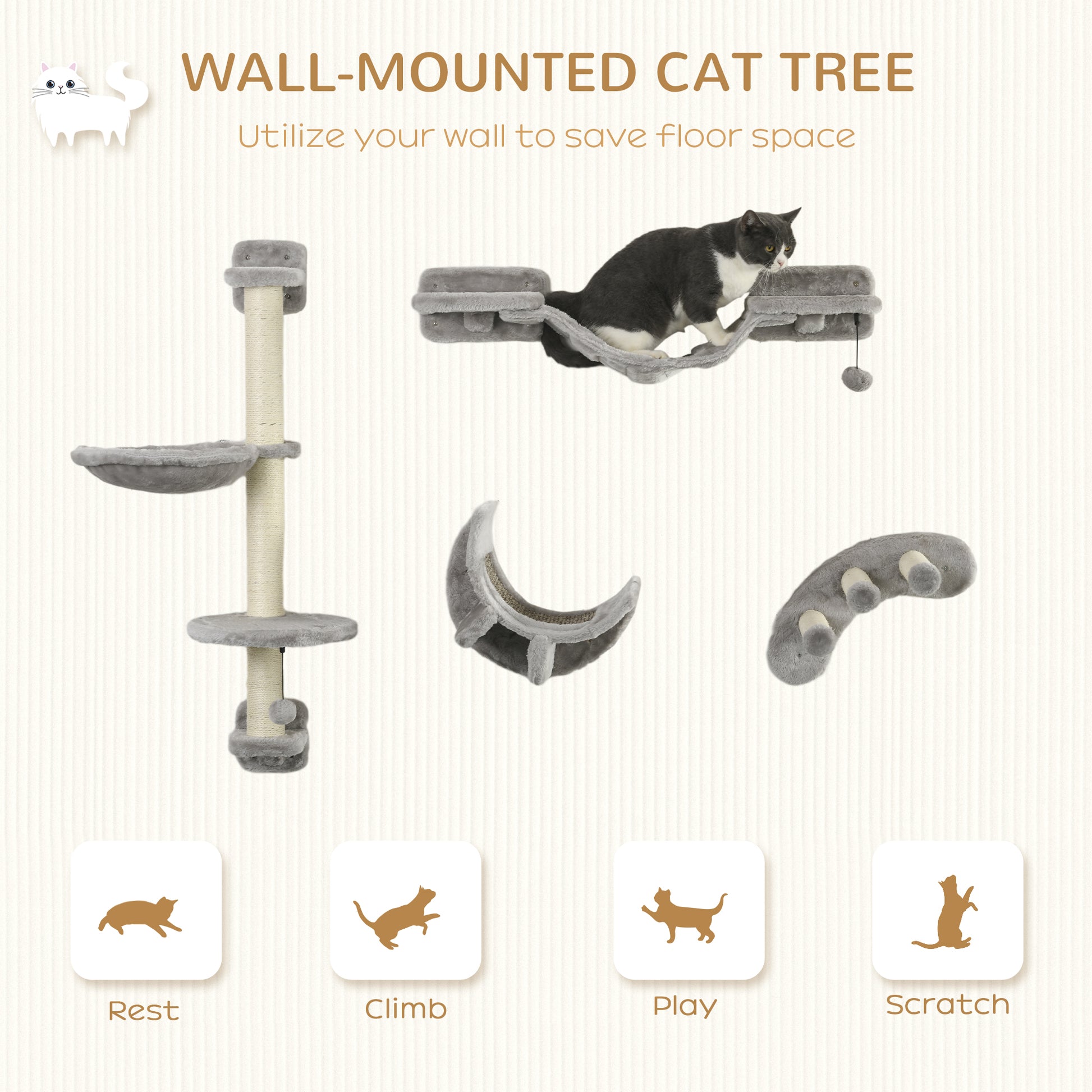 4Pcs Cat Wall Shelf with Scratching Post, Cat Wall Shelves for Relaxing, Climbing, Cat Wall With Soft Ladder, Hammock, P