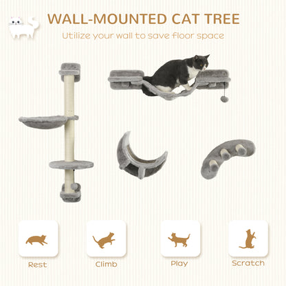 4Pcs Cat Wall Shelf with Scratching Post, Cat Wall Shelves for Relaxing, Climbing, Cat Wall With Soft Ladder, Hammock, P