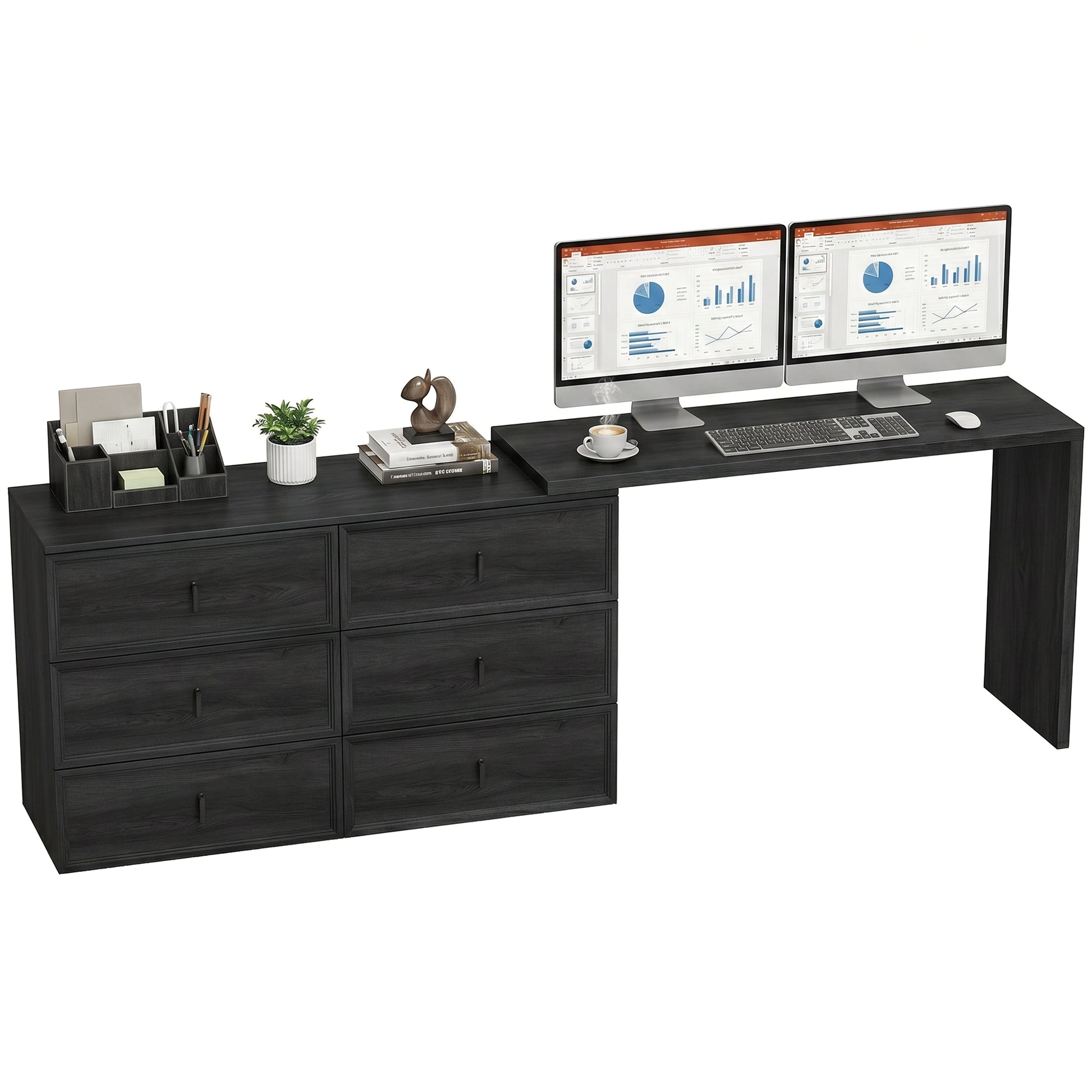 L Shaped Computer Desk Home Office Desk with 6 Drawers Black Wood Grain