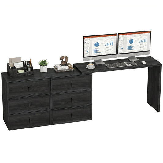 L Shaped Computer Desk Home Office Desk with 6 Drawers Black Wood Grain