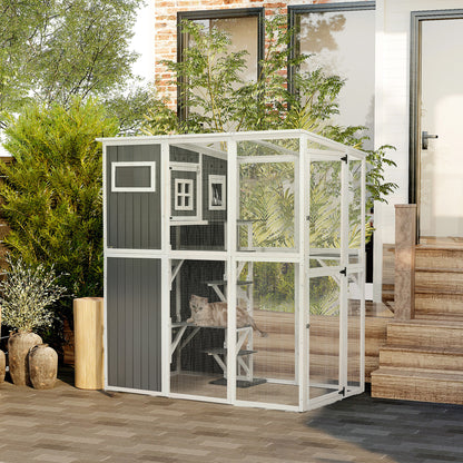 Wooden Cat Catio, 66.5"L Walk in Outdoor Cat House with PVC Weather Protection Roof, Multiple Platforms, Lockable Doors,