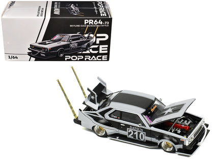 Skyline C210 "Bosozoku Style" RHD (Right Hand Drive) #210 Matt Black and Silver 1/64 Diecast Model Car by Pop Race
