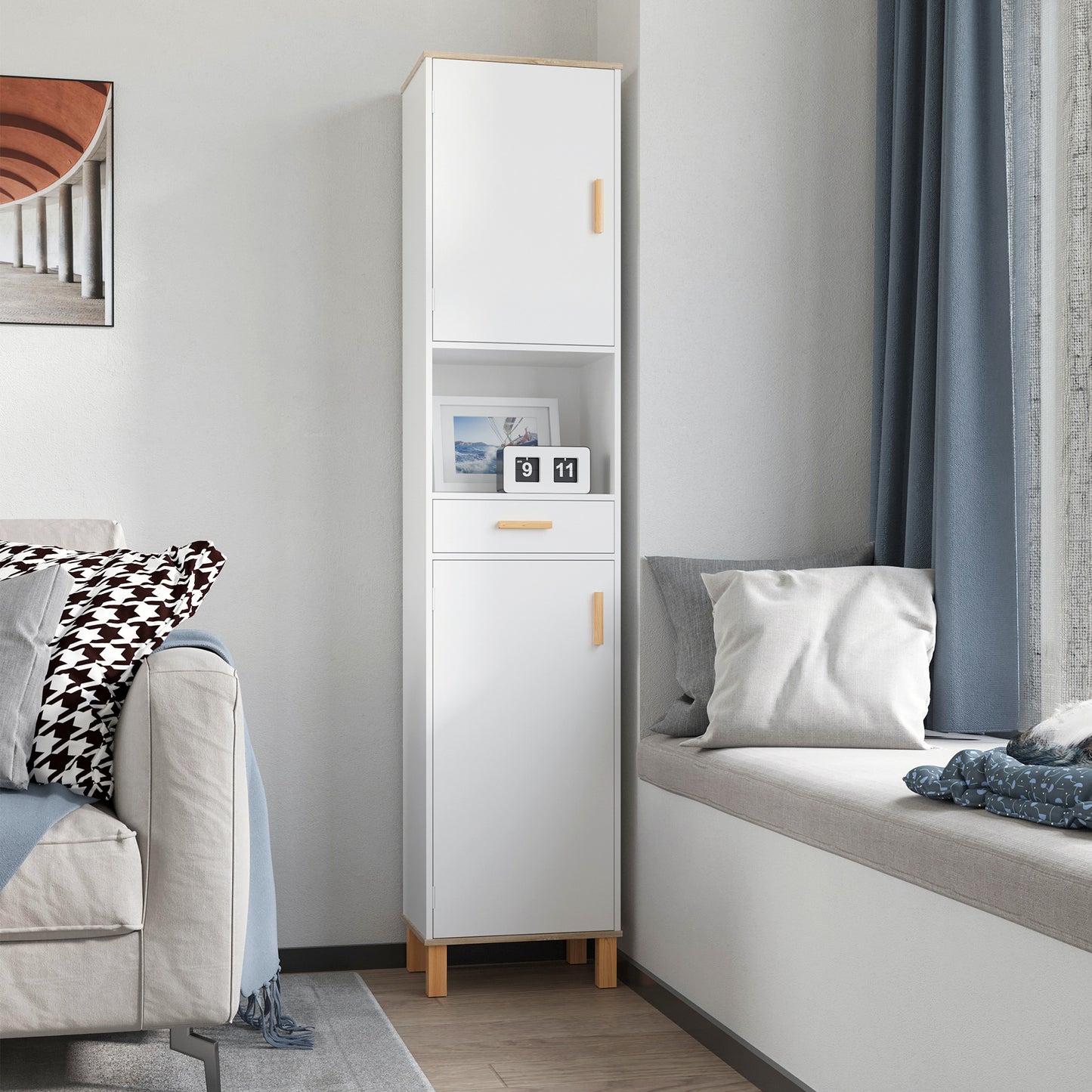 Bathroom Storage Cabinet with Cupboards and Drawer, Floor Free Standing Linen Tower, Tall Slim Side Organizer Shelves, W