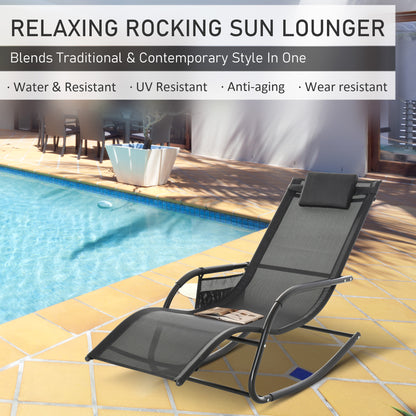 Patio Rocking Chair with Mesh Fabric, Outdoor Rocking Sling Sun Lounger with Removable Headrest and Side Pocket for Gard