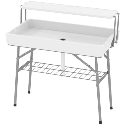 3.5ft Folding Ice Cooler Table with Drain, 2-Tier Outdoor Patio Party Cooler, Fishing Cleaning Table with Storage Shelf 