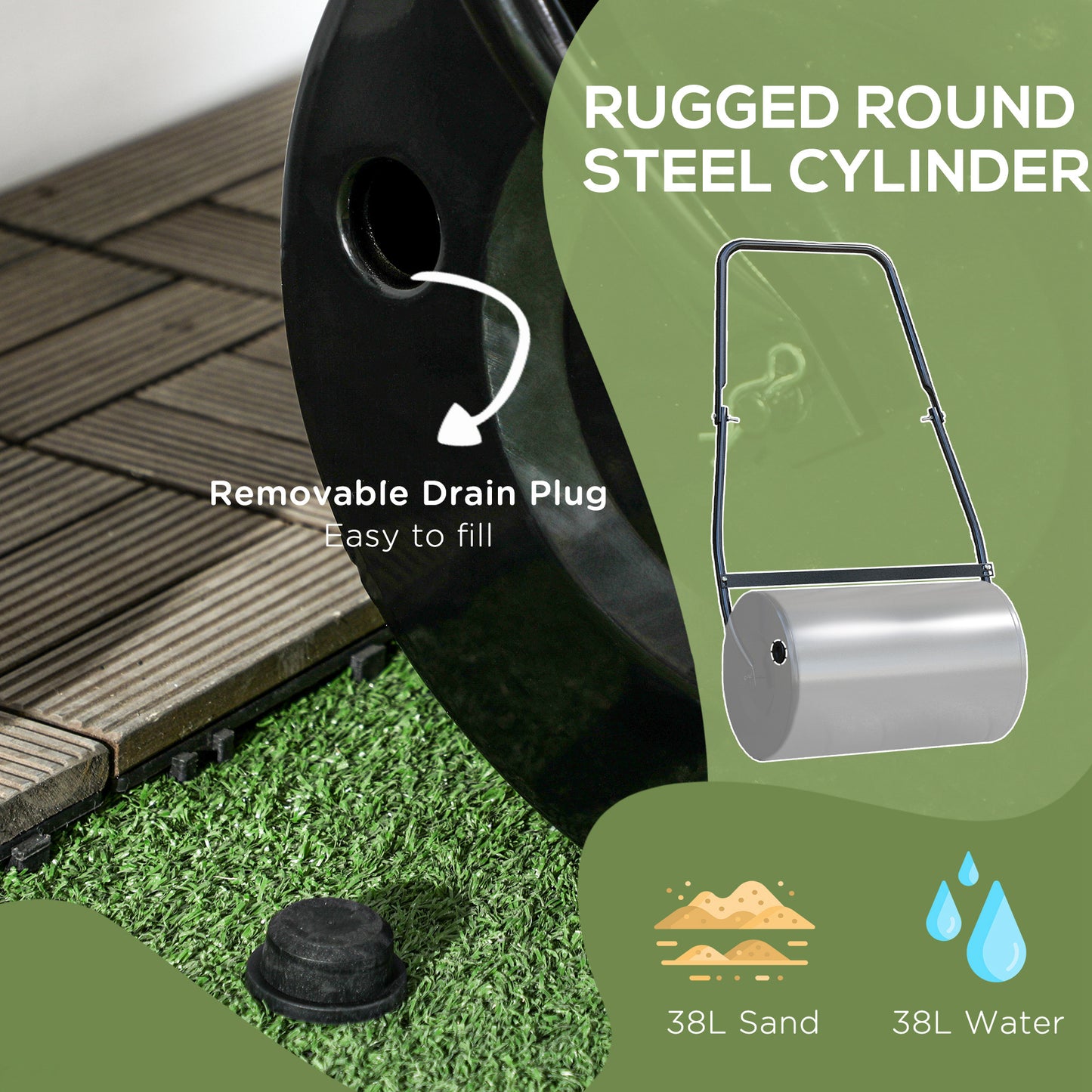 20" Push/Tow Behind Lawn Roller, Heavy Duty Sod Drum Roller Filled with 11 Gal Water/Sand, Grass Flattener for Yard, Pat