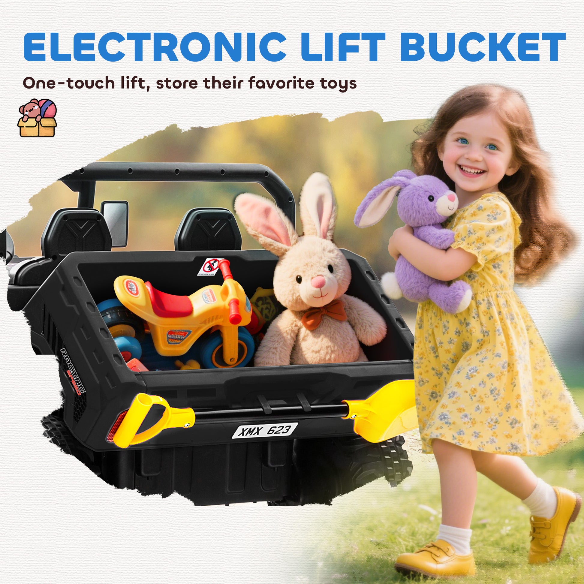 VarietyKart 12V Ride on Car with Electric Bucket, Two-Seater, Shovel, Remote Control, Spring Suspension, Horn, Music, Bl
