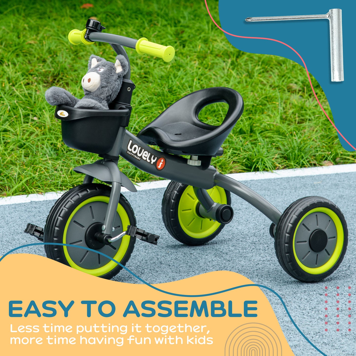 Qaba Tricycle for Toddler 2-5 Year Old Girls and Boys, Toddler Bike with Adjustable Seat, Basket, Bell, Black