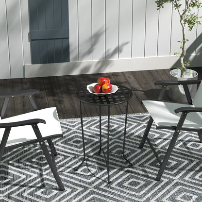 16" Round Outdoor Table, Small Patio Side Table, Metal End Table Plant Stand with Grid Top for Indoor, Garden, Black