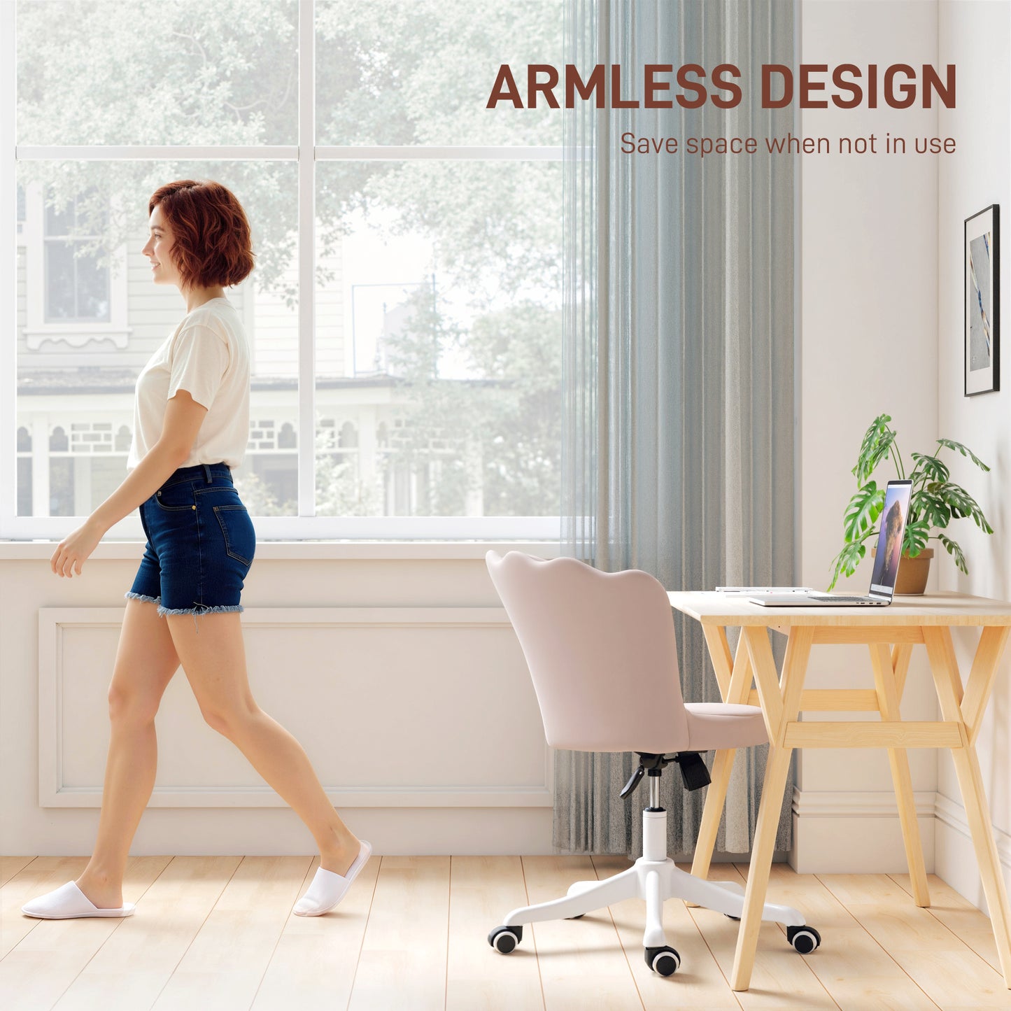Office Chair, Armless Swivel Desk Chair with Adjustable Height, Backrest, Tilt Function for Office, Vanity, Pink