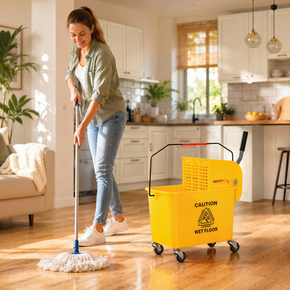 Compact Mop Bucket with Wringer, Mop Bucket on Wheels, 5 Gallon, Separate Dirty and Clean Water, Yellow