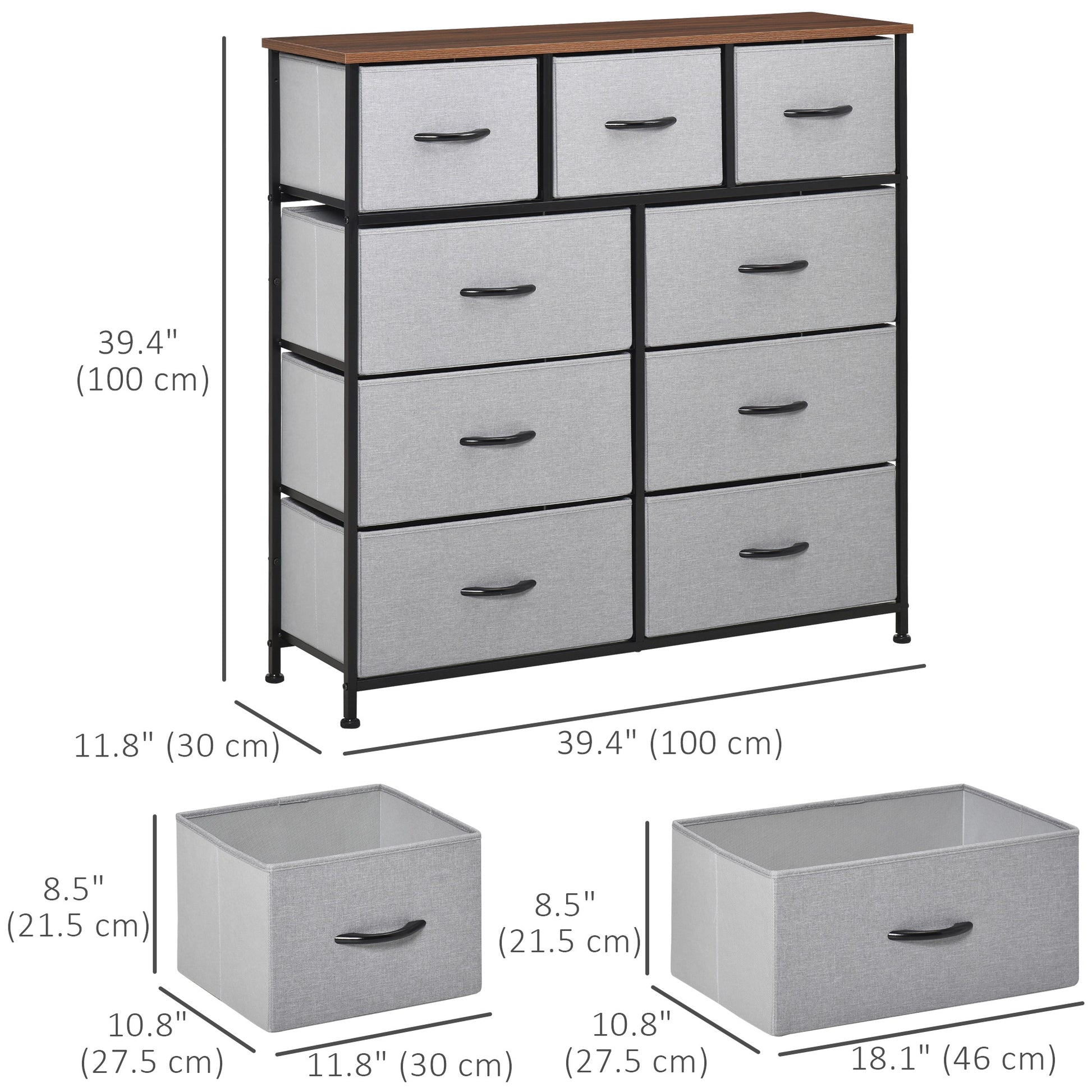 Dresser for Bedroom with 9 Drawers, 4-Tier Fabric Chest of Drawers, Tall Dresser Storage Tower with Steel Frame and Wood