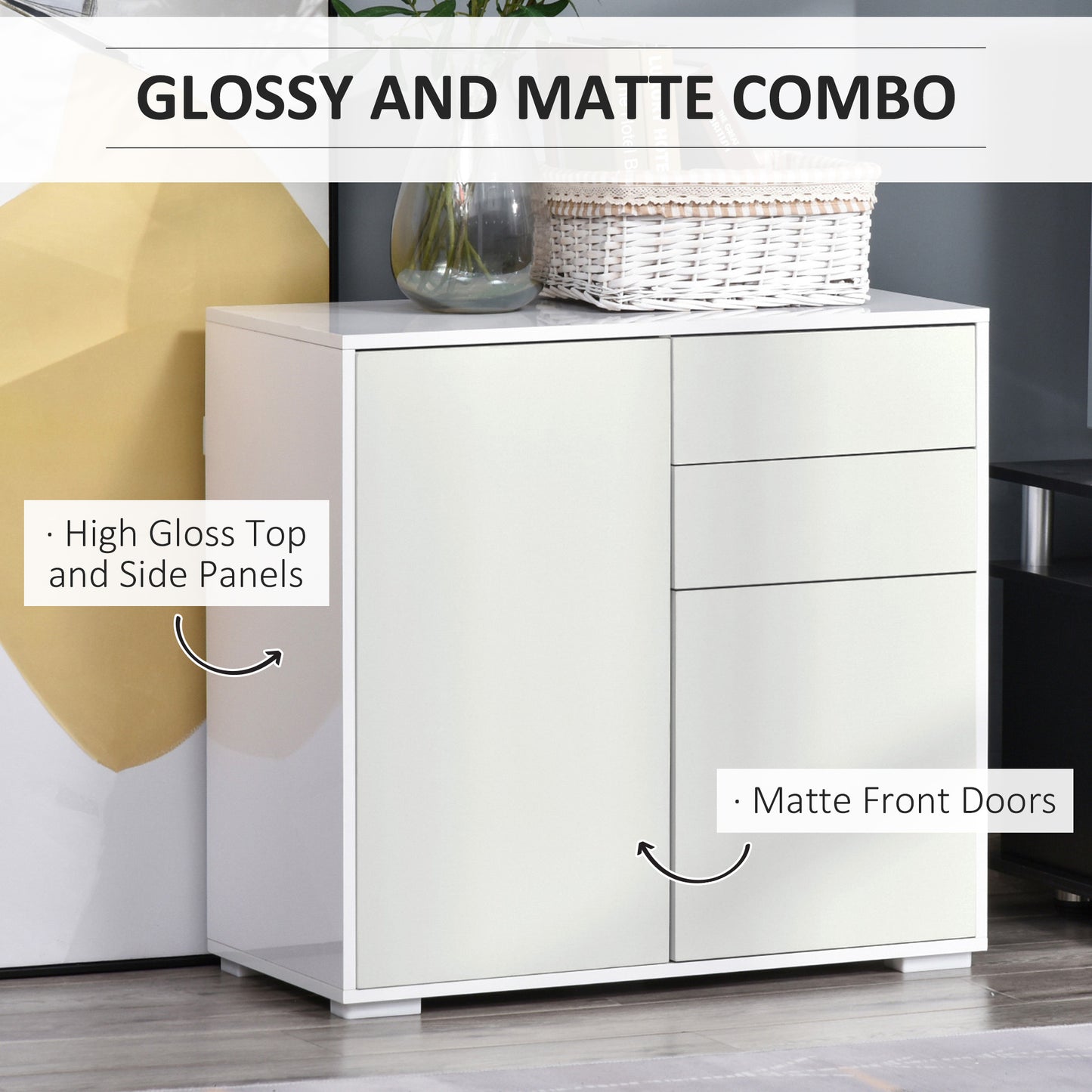 High Gloss Buffet Sideboard with 2 Drawers, 2 Doors and Adjustable Shelf, Kitchen Storage Cabinet with Push Open Design,
