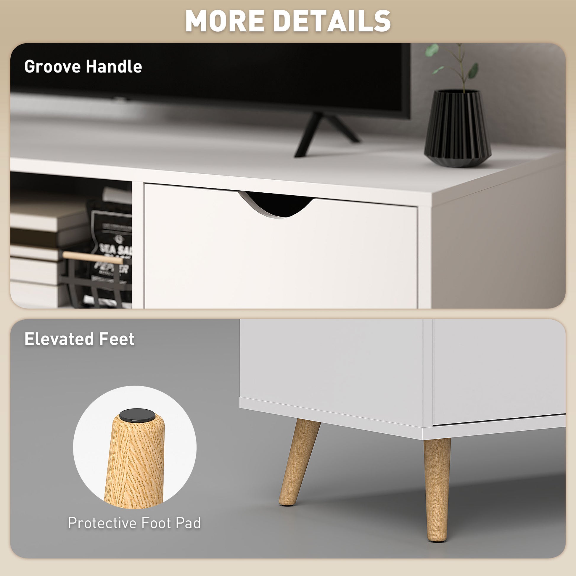 TV Stand with Storage for up to 50" TV, Modern TV Table with Open Shelf, Drawer and 2 Cabinets, White