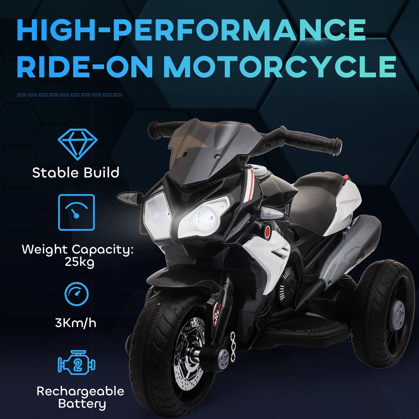Qaba Kids Electric Motorcycle Ride-On Toy with 3 Wheels, Music, Horn, Lights, Black