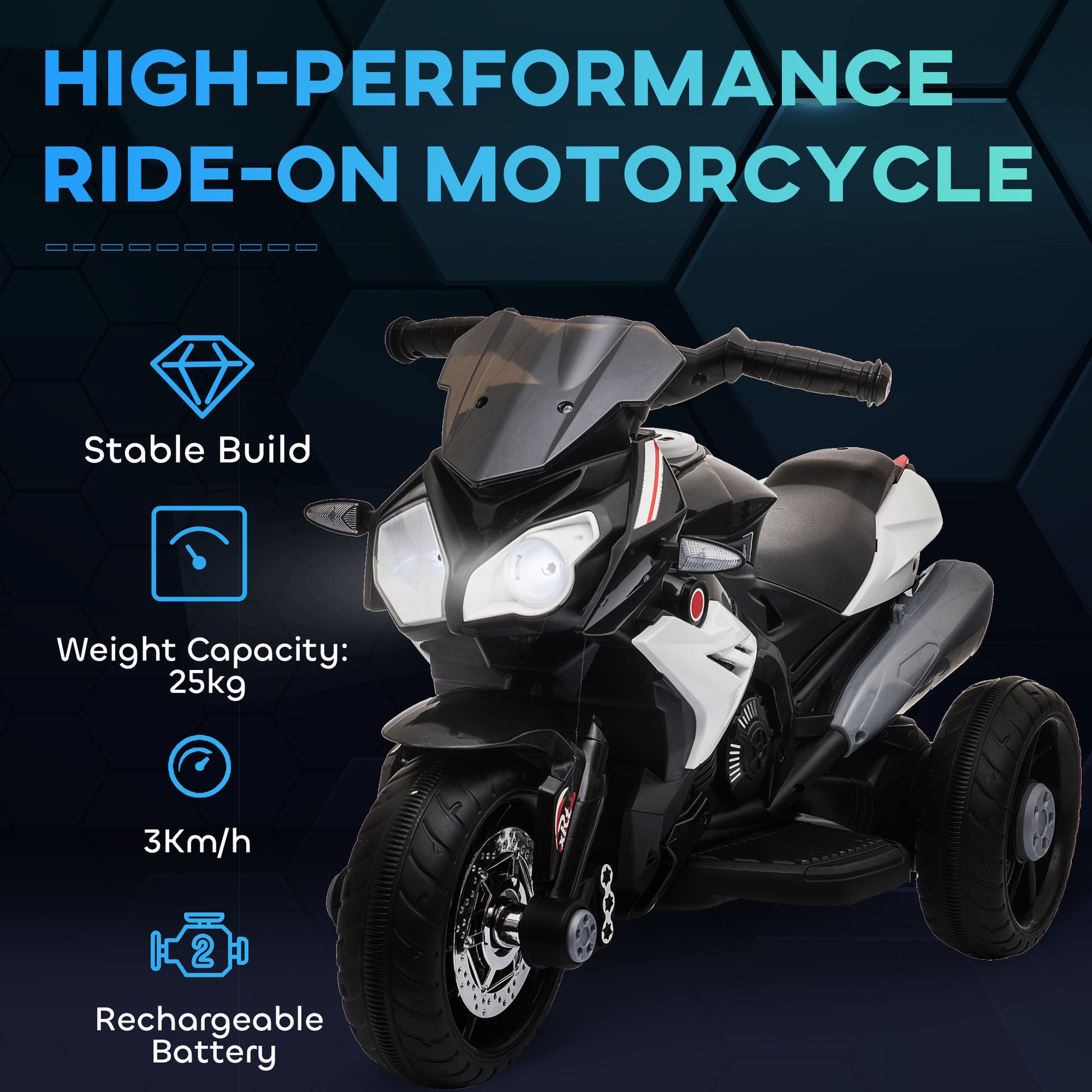 Qaba Kids Electric Motorcycle Ride-On Toy with 3 Wheels, Music, Horn, Lights, Black