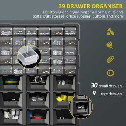 Plastic 39 Drawer Parts Organiser Wall Mount Storage Cabinet for Small Nuts Bolts Tool Set of 2 Black