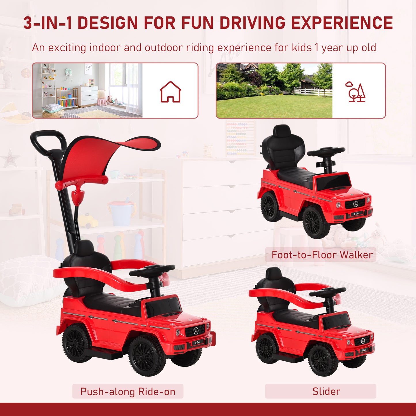 VarietyKart Mercedes-Benz G350 Licensed Push Car, 3-in-1 Toddler Sliding Car with Horn, Steering, Foot Rest, Seat Storag
