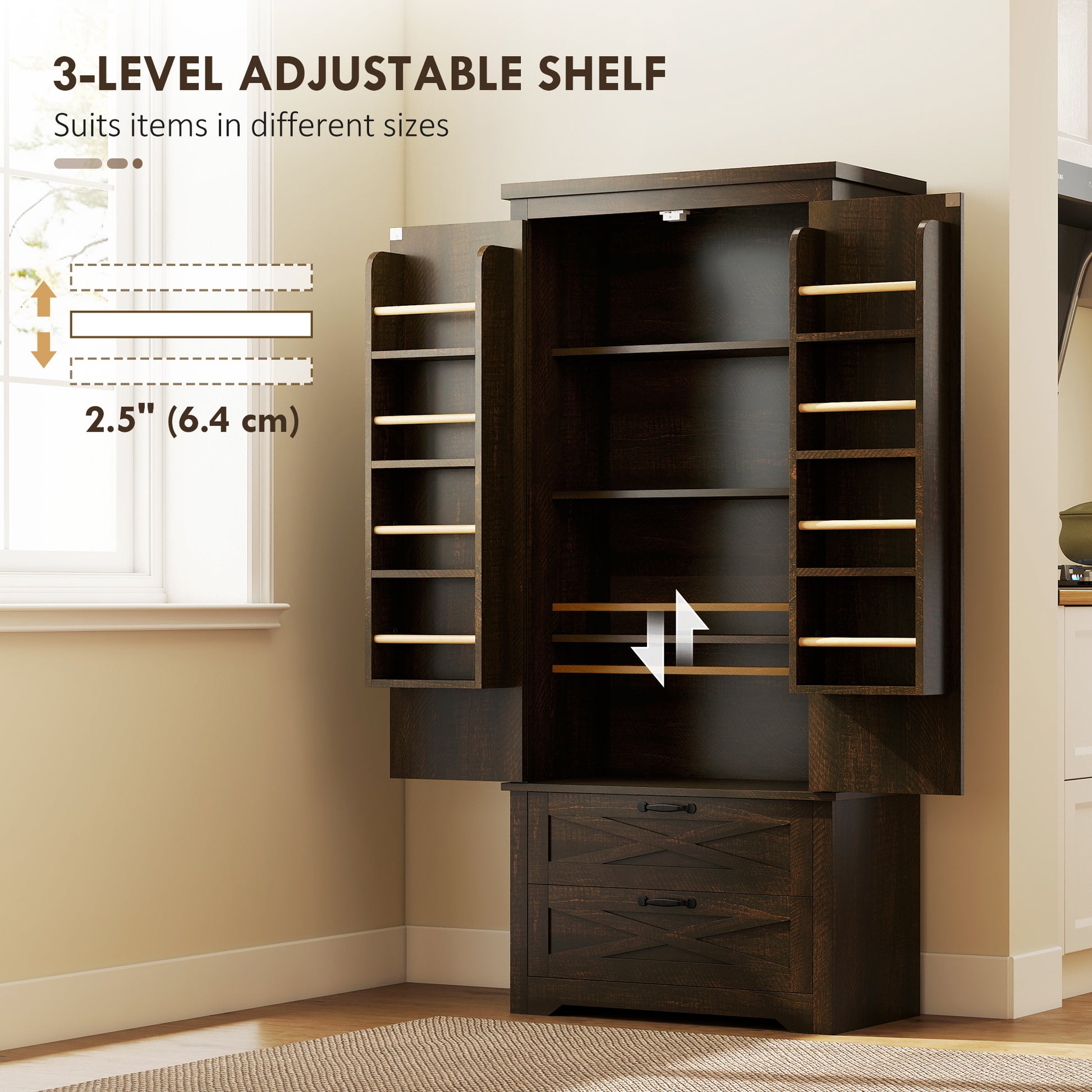 Farmhouse Kitchen Pantry Storage Cabinet, 64" Freestanding Kitchen Pantry Cabinet with Drawers, Distressed Dark Brown