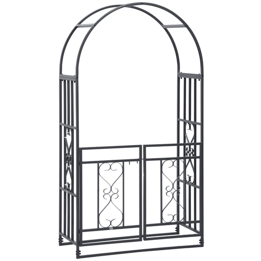 6.7 FT Steel Garden Arch with Gate Outdoor Courtyard Arbor for Climbing Vine Plants Lawn Backyard Decoration Dark Grey