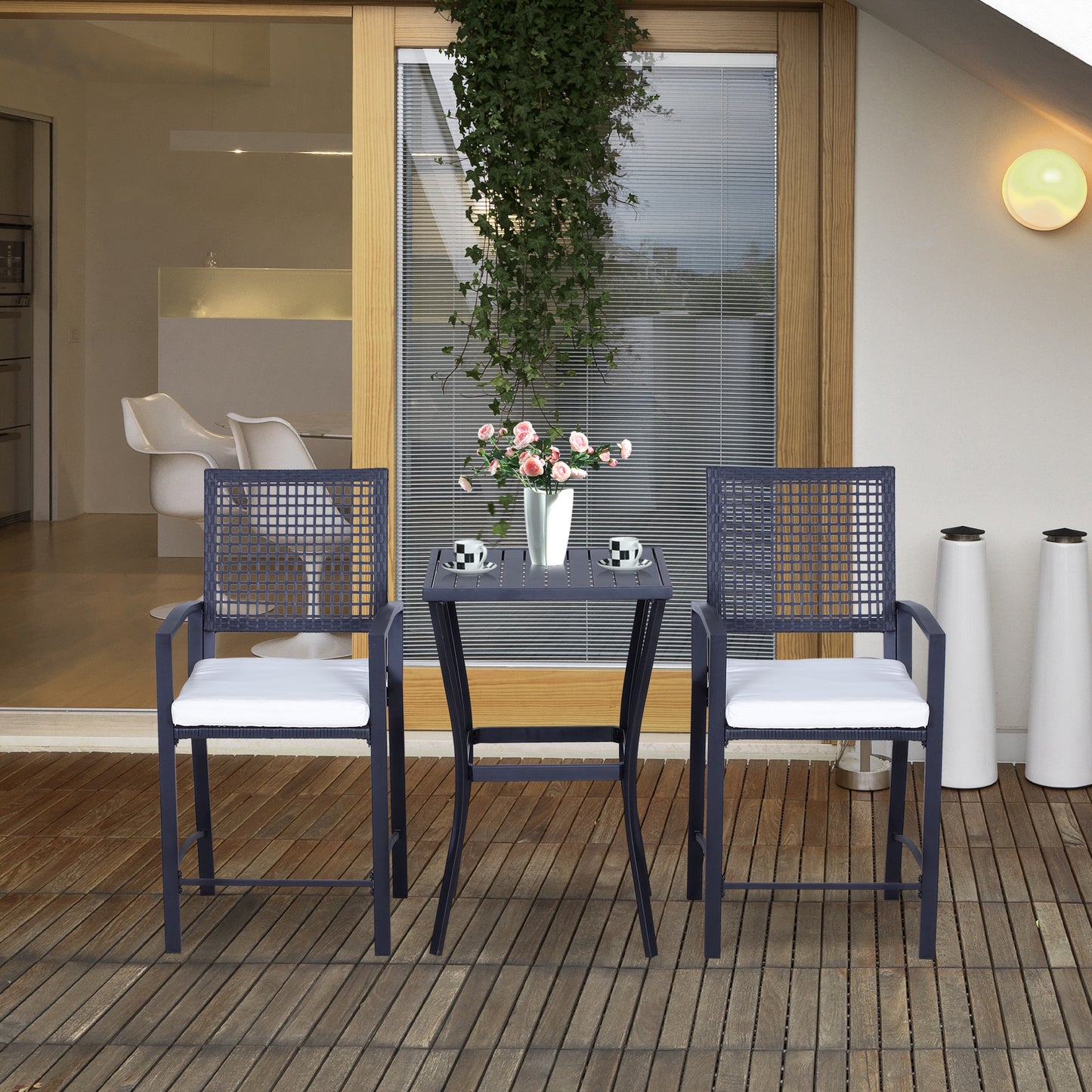 3 Pieces Outdoor Wicker Bar Set, Classic Bistro Bar Set Garden Rattan Style Patio Bar Table & High Chairs w/ Cushions Ho