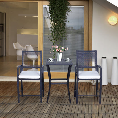 3 Pieces Outdoor Wicker Bar Set, Classic Bistro Bar Set Garden Rattan Style Patio Bar Table & High Chairs w/ Cushions Ho