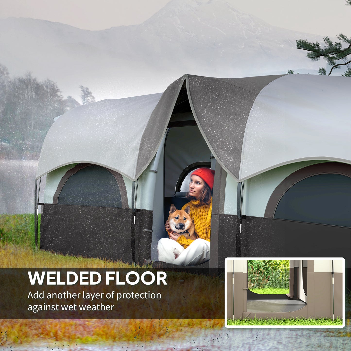 4 Person Camping Tent, 3 Room Cabin Tent, 3000mm Waterproof and UPF30+ with Sewn in Groundsheet and Carry Bag, Khaki