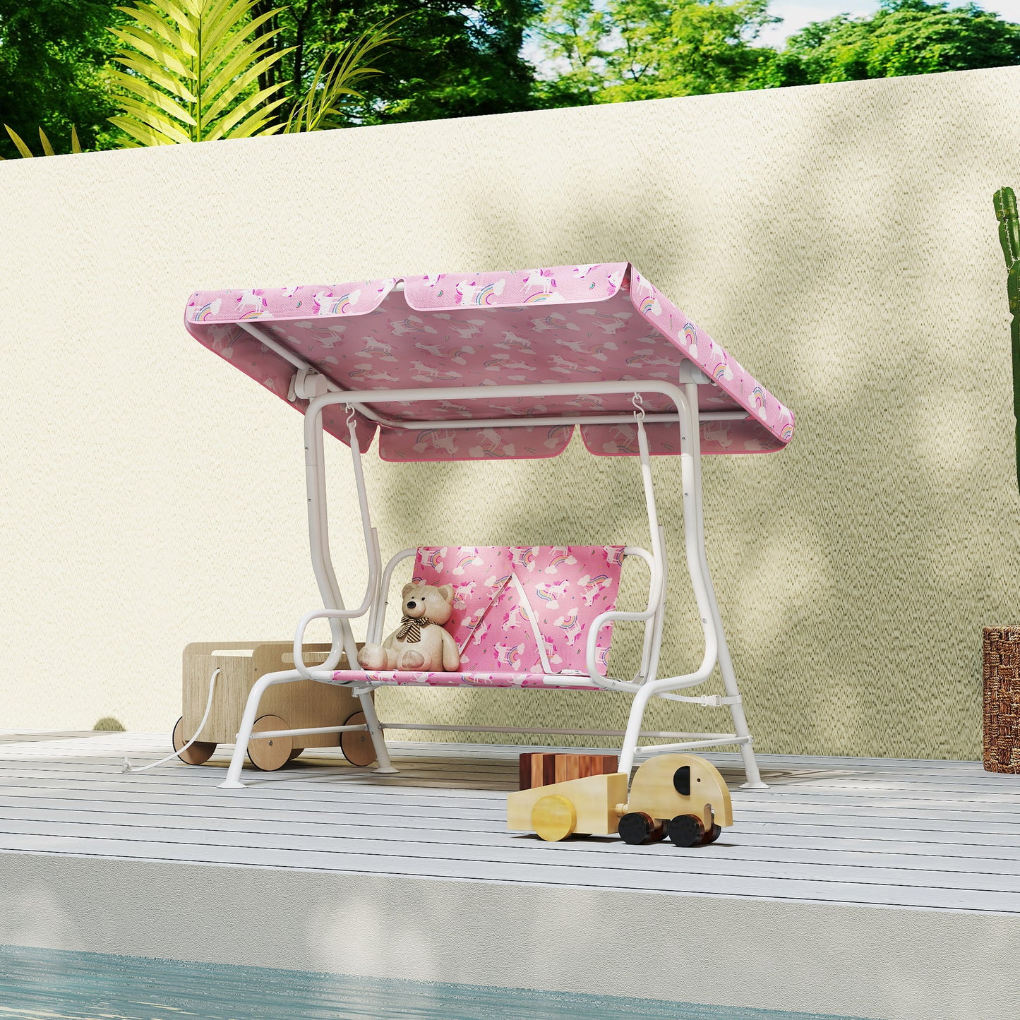 Qaba Kids Porch Swing, 2-Seater Patio Swing Bench with Safety Belts, Adjustable Canopy for Backyard, Garden, Pink