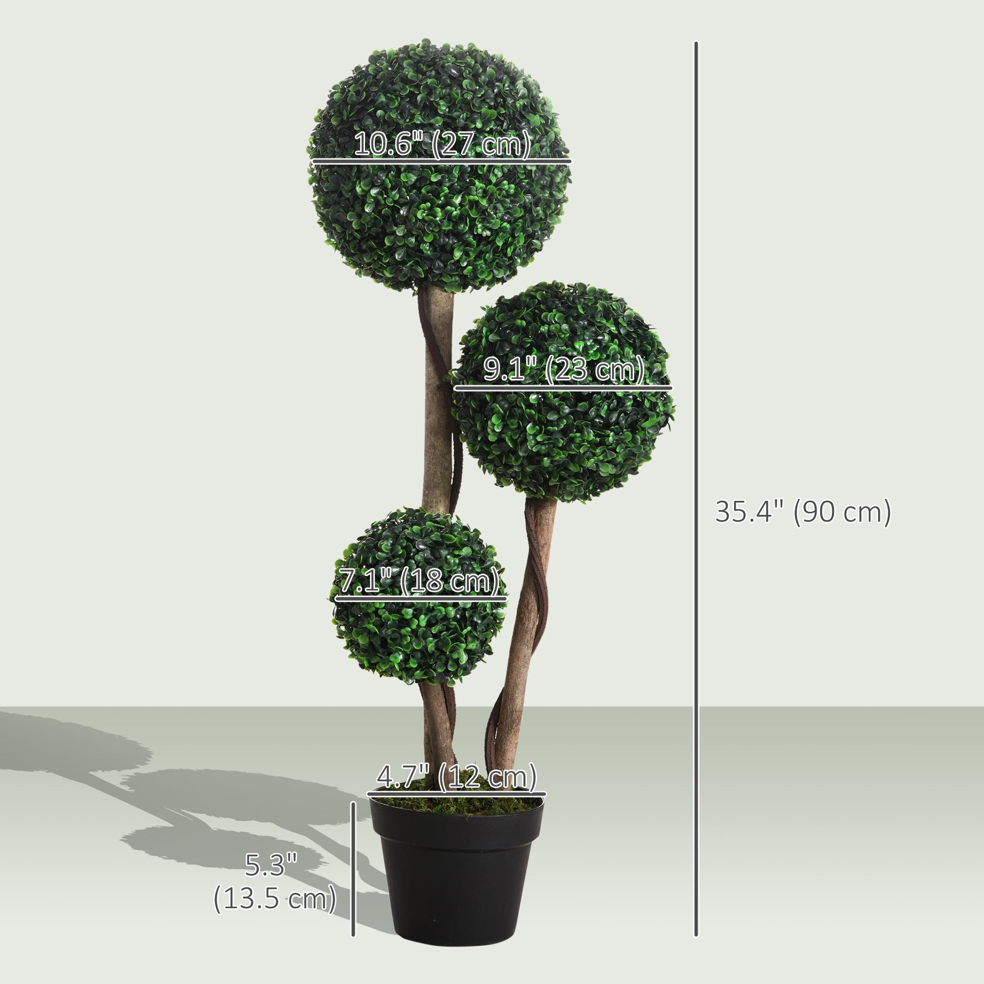 35 Inch Potted Fake Plant, Artificial Boxwood Topiary Tree, Triple Ball Tree for Indoor and Outdoor, Dark Green