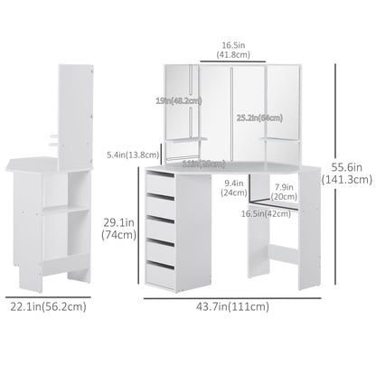 Corner Dressing Table, Makeup Desk with 3-piece Mirror and 5 Drawers, White