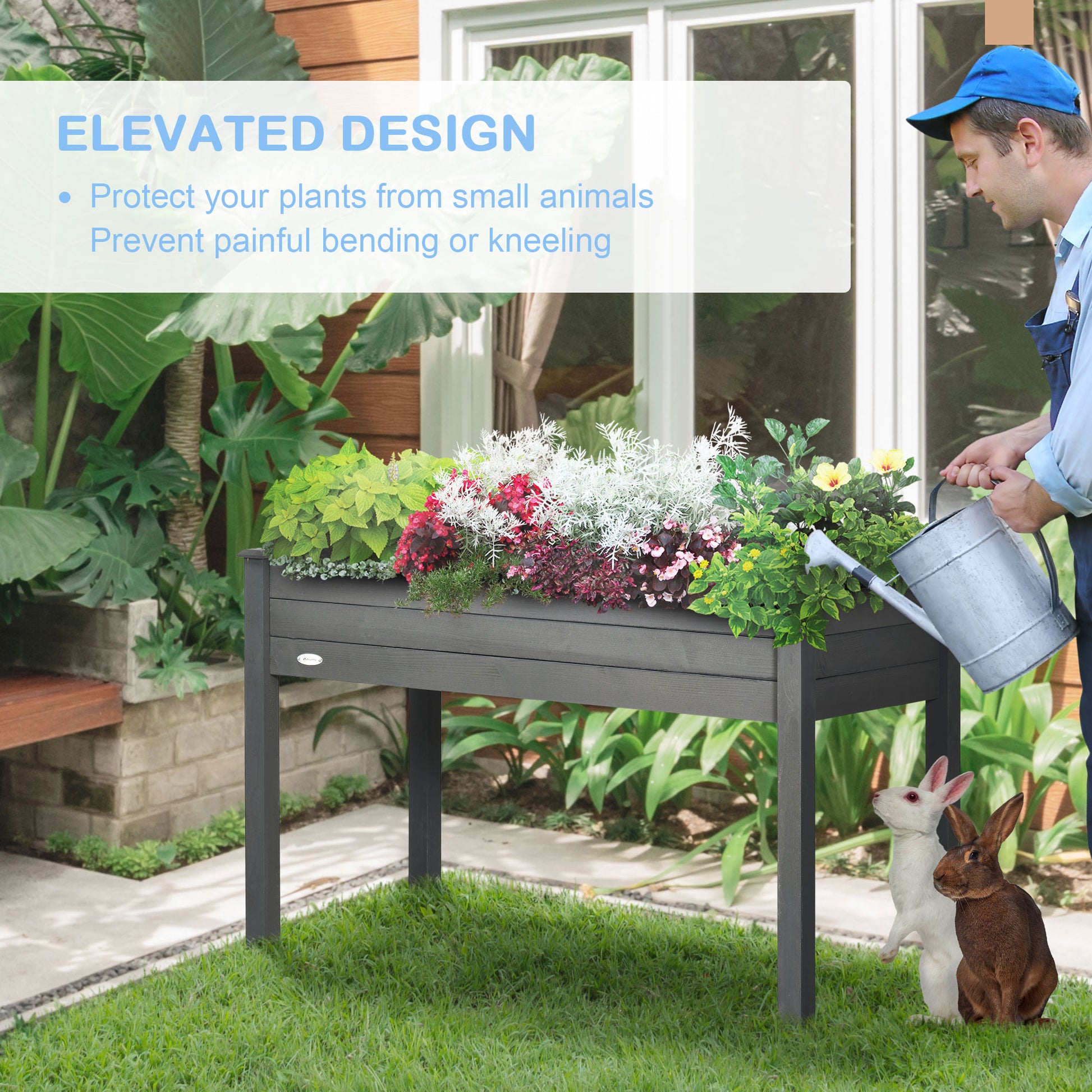 48" x 22" x 30" Wooden Patio Raised Garden Bed Planter, Elevated Planter Box with Legs, Outdoor Flower Stand with Inner 