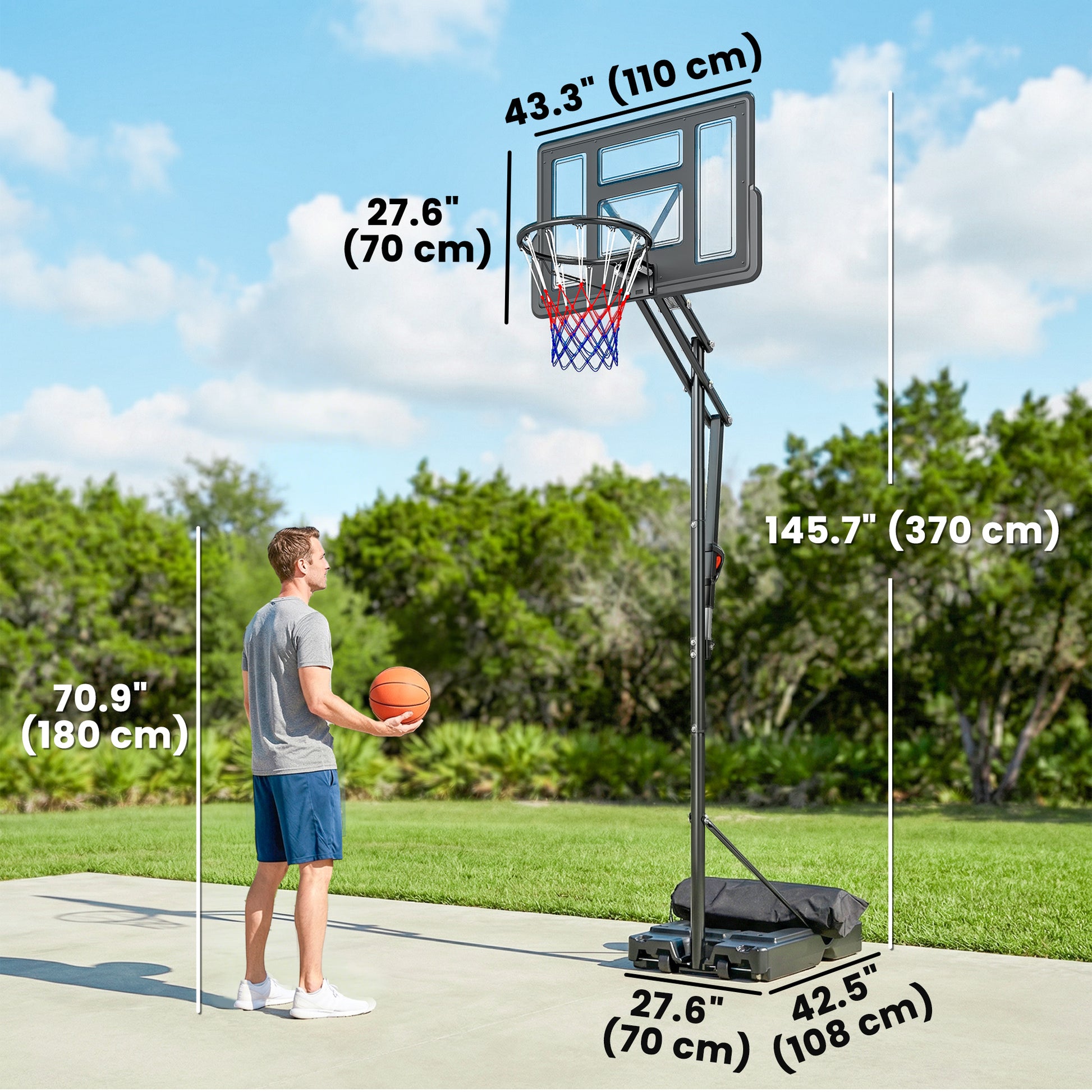 Soozier Basketball Hoop, 7.7 FT to 10 FT Adjustable, Portable Basketball Goal with 43'' Shatterproof Backboard,Fillable 