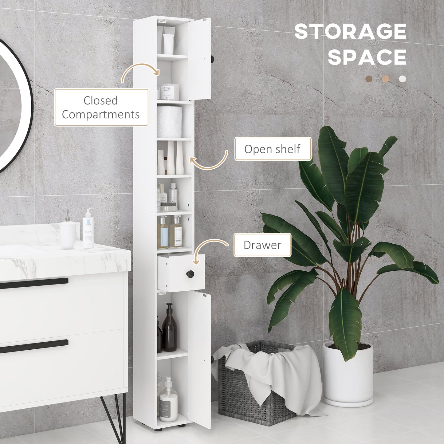 71" Tall Bathroom Storage Cabinet, Narrow Bathroom Cabinet with Open Shelves, 2 Door Cabinets, Adjustable Shelves, for K