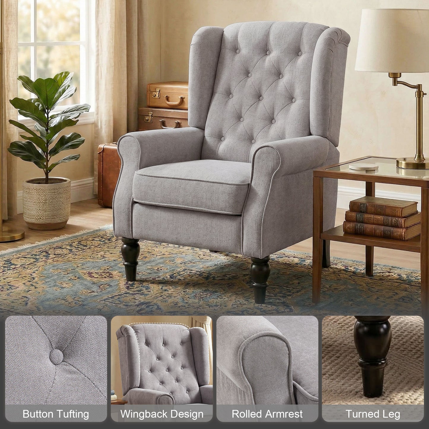 Fabric Accent Chair, Button Tufted Armchair, Upholstered Modern Living Room Chair, Wingback Chair with Wood Legs, Rolled