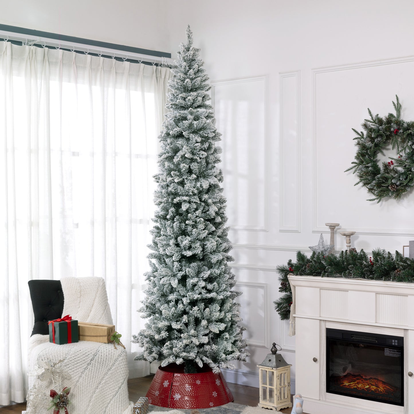 9ft Pencil Christmas Tree, Flocked Tree with 1277 Branch Tips and Metal Base for Home, Indoor, Holiday