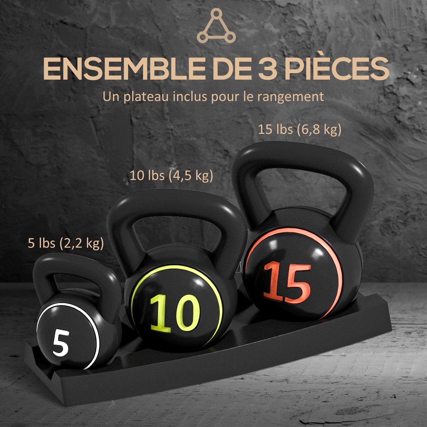 Soozier Three-Piece Kettlebell Set Weights with Storage Stand for Home Gym Weight Lifting Training, 5lbs, 10lbs, 15lbs (
