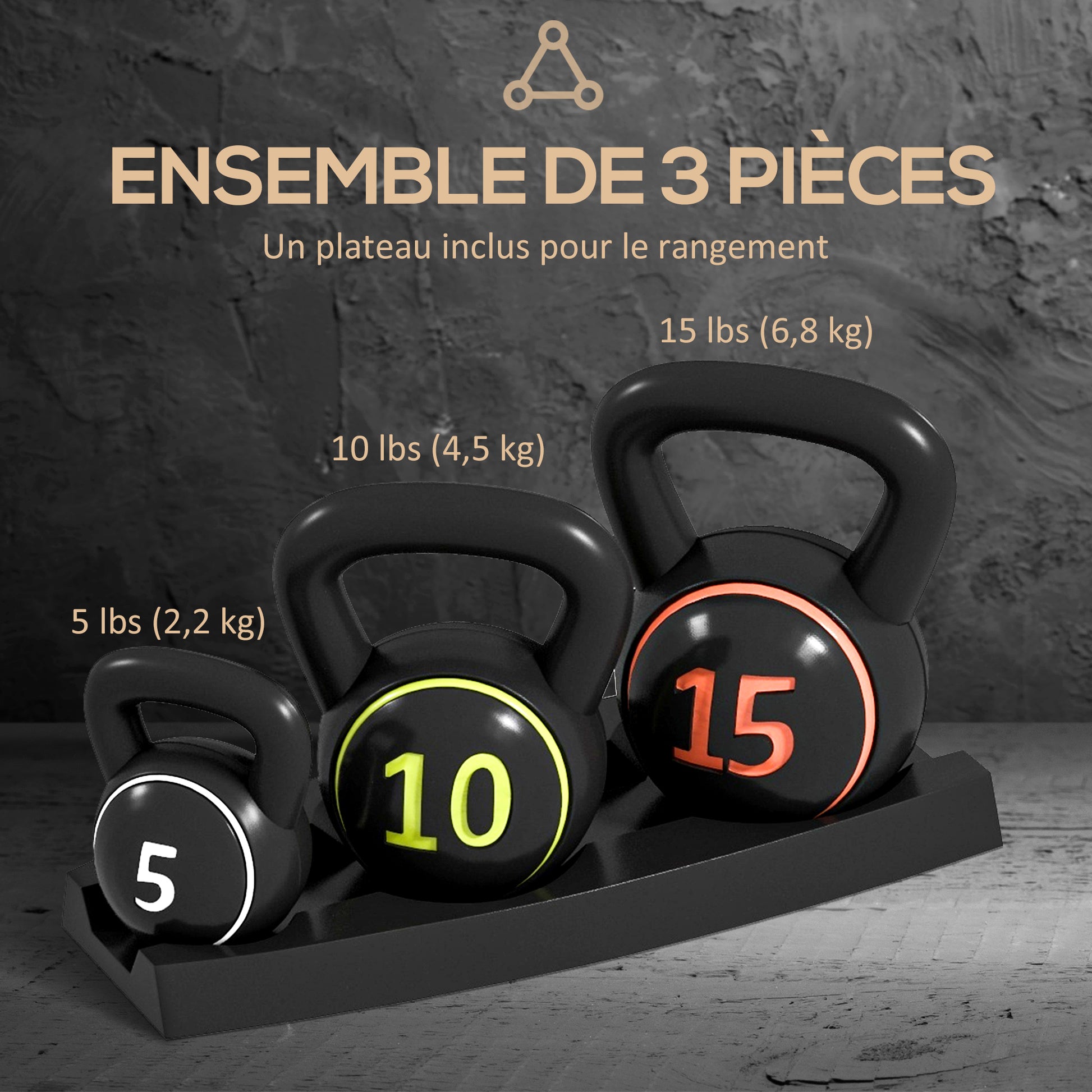Soozier Three-Piece Kettlebell Set Weights with Storage Stand for Home Gym Weight Lifting Training, 5lbs, 10lbs, 15lbs (