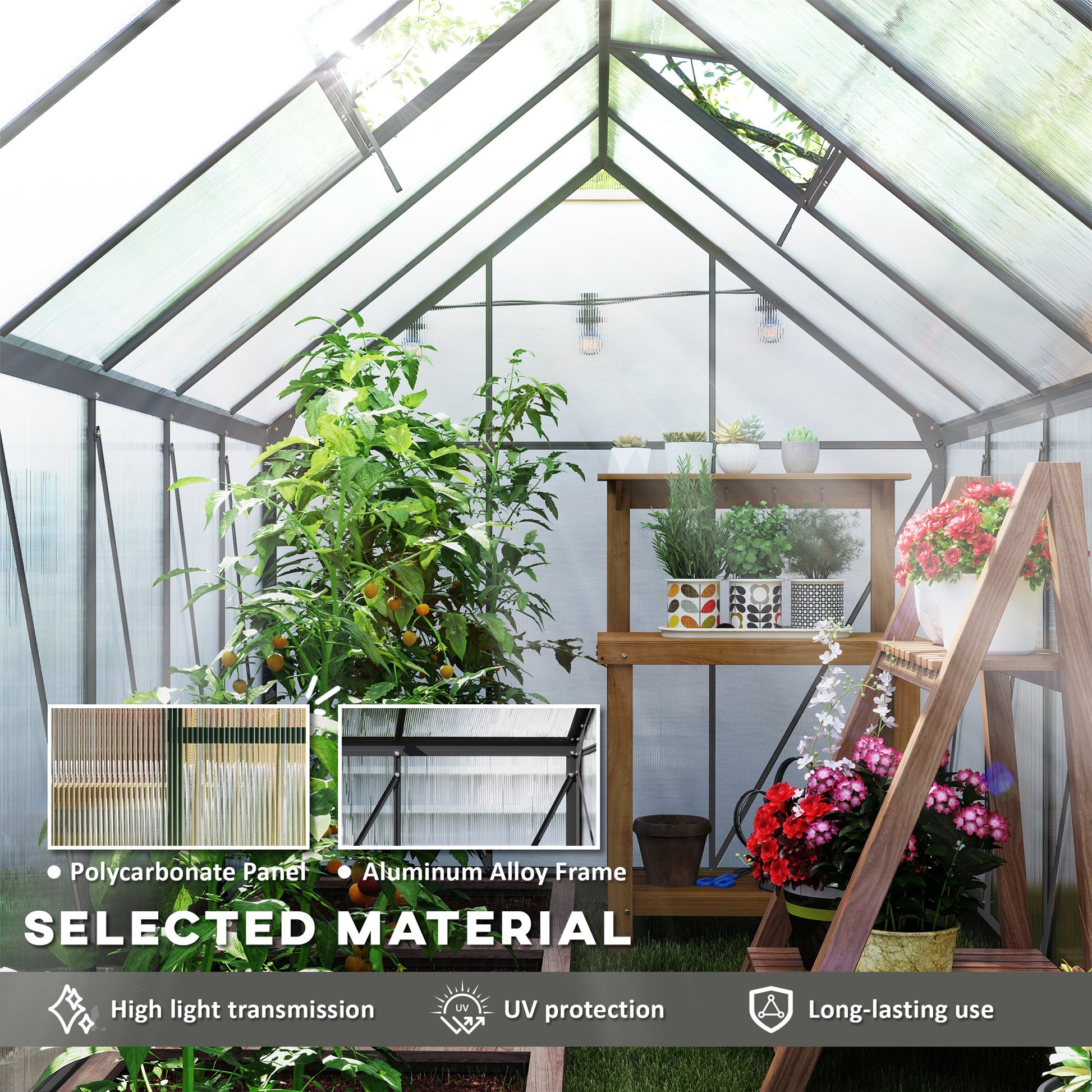 6' x 12' x 6.5' Polycarbonate Greenhouse, Walk-in Green House with Adjustable Roof Vent Galvanized Base Sliding Door Rai
