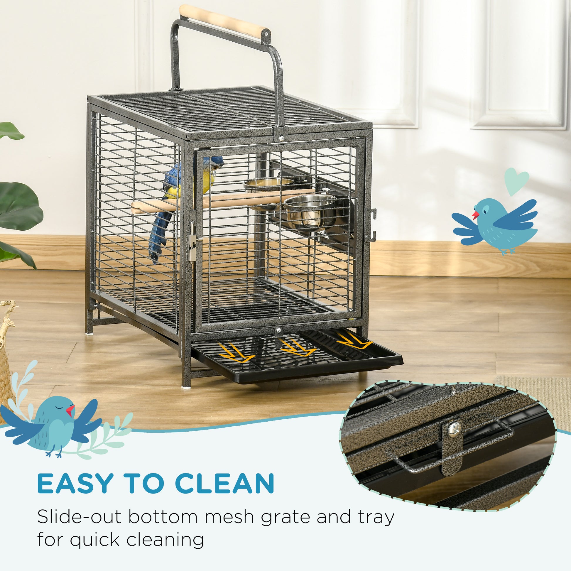 Bird Travel Carrier Cage, Portable Metal Bird Cage for Parrots Conures Cockatiel Parakeets with Stand Perch, Stainless S