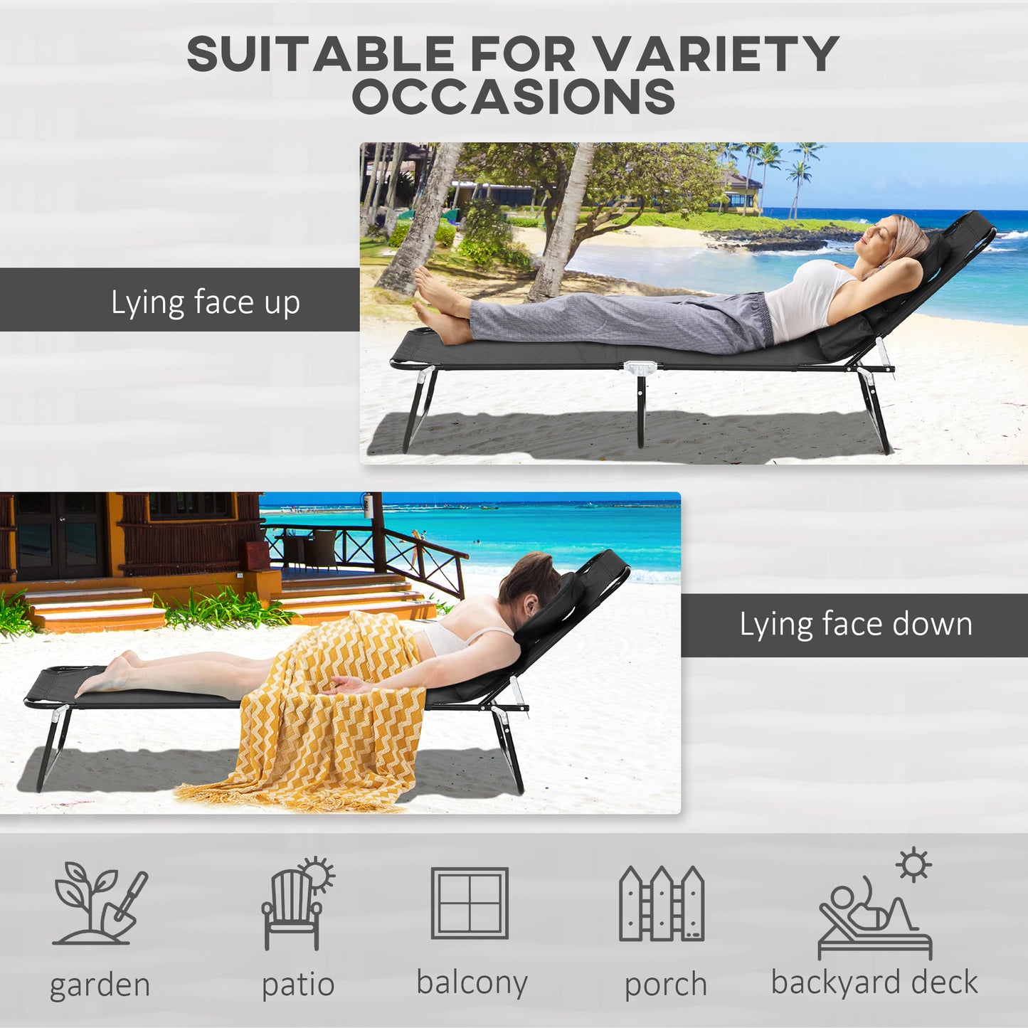 Folding Lounge Chair Set of 2, Reclining Beach Tanning Chair with Face Hole, Pillow, 4-Position Adjustable Flat Sun Loun
