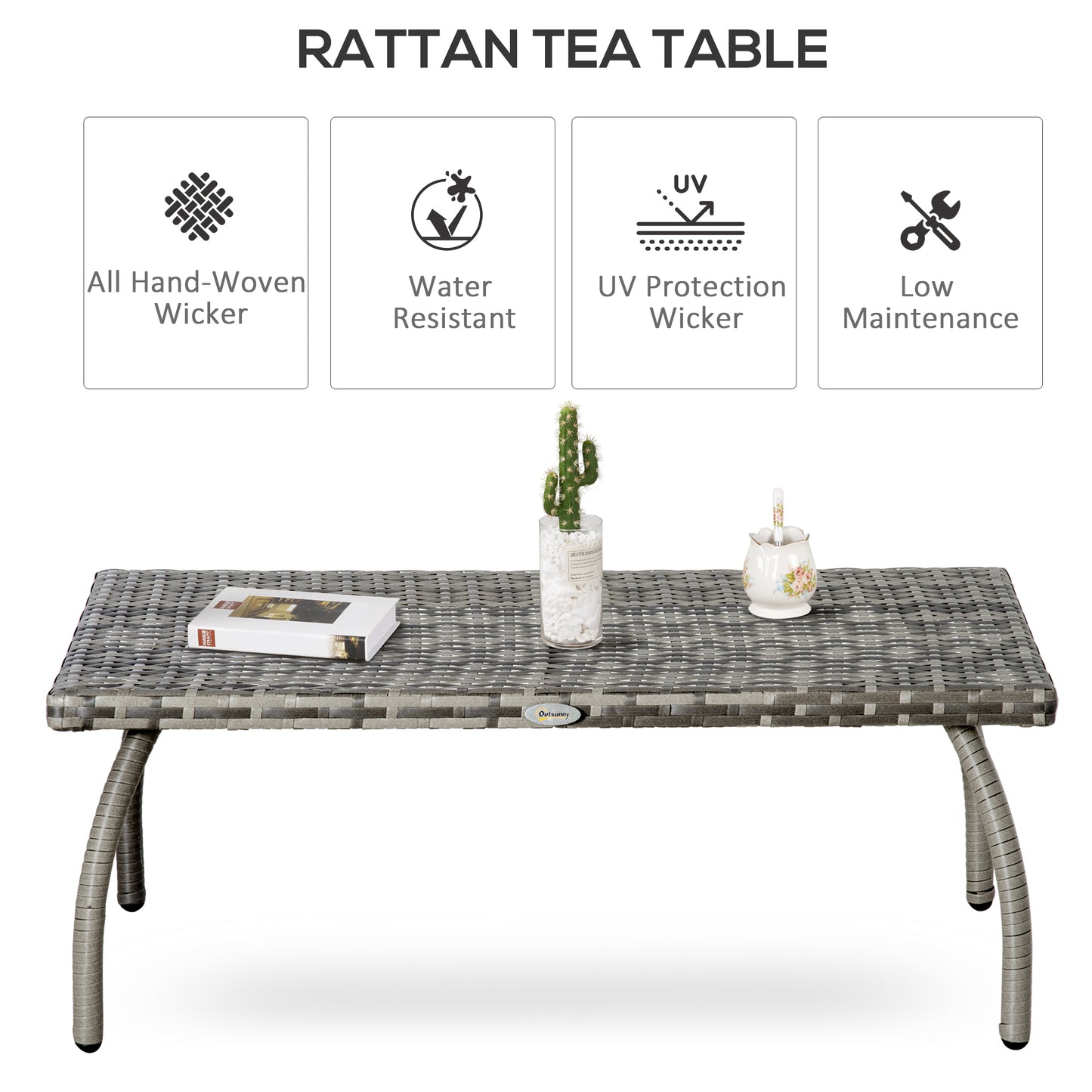 Rattan Coffee Table Outdoor Side Table, 35.4" x 19.7" Small Wicker Patio Furniture with All-Weather PE for Garden, Balco