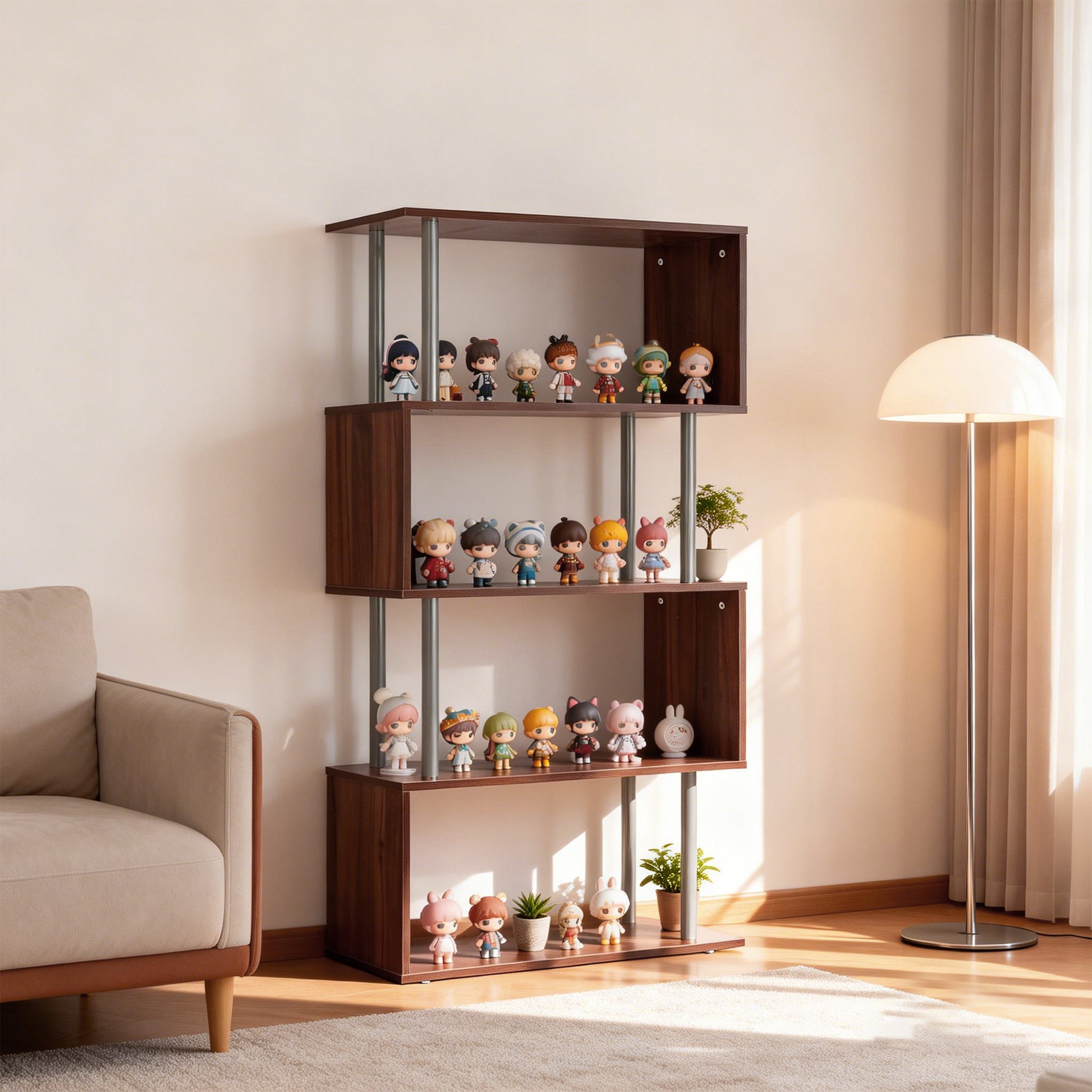 5-Tiers Geometric Wooden Bookcase S-Shaped Storage Bookshelf Display with Metal Frame for Living Room, Bedroom, Home Off