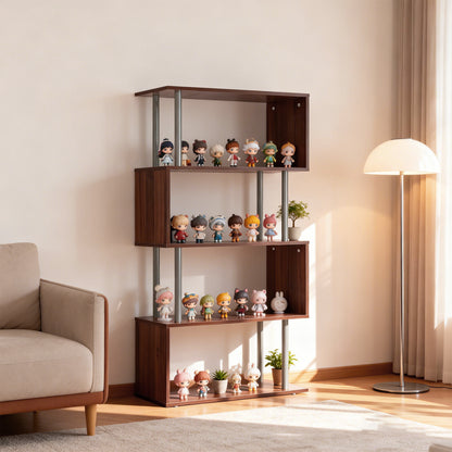 5-Tiers Geometric Wooden Bookcase S-Shaped Storage Bookshelf Display with Metal Frame for Living Room, Bedroom, Home Off