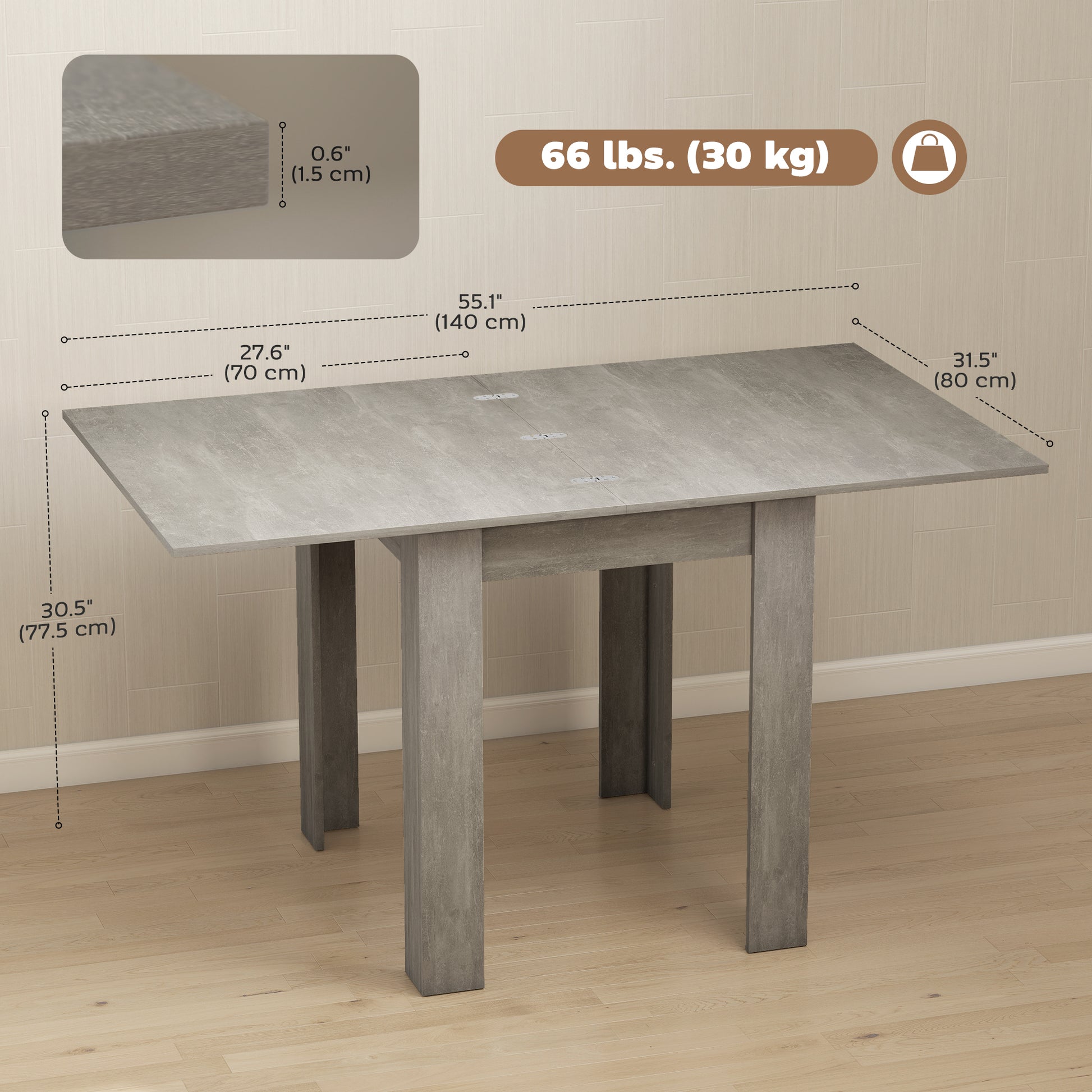 55" Extendable Dining Table for 4-6, Kitchen Table with Steel Slides and Felt Pads for Small Spaces, Grey