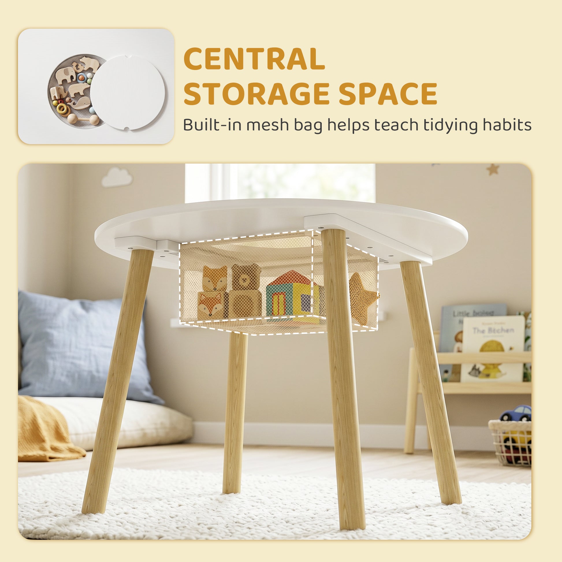 Qaba 3 Pieces Kids Table and Chair Set, Activity Table and Chair Set with Cloud-Shaped Chairs, Mesh Bag