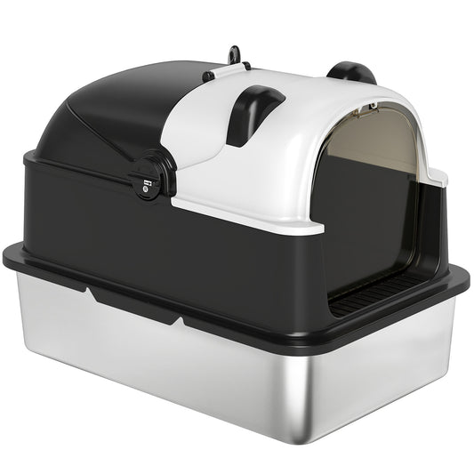 Panda Style XL Stainless Steel Cat Litter Box with Lid, Enclosed Kitty Litter Box with Scoop, 23.7" x 15.9" x 17.6"
